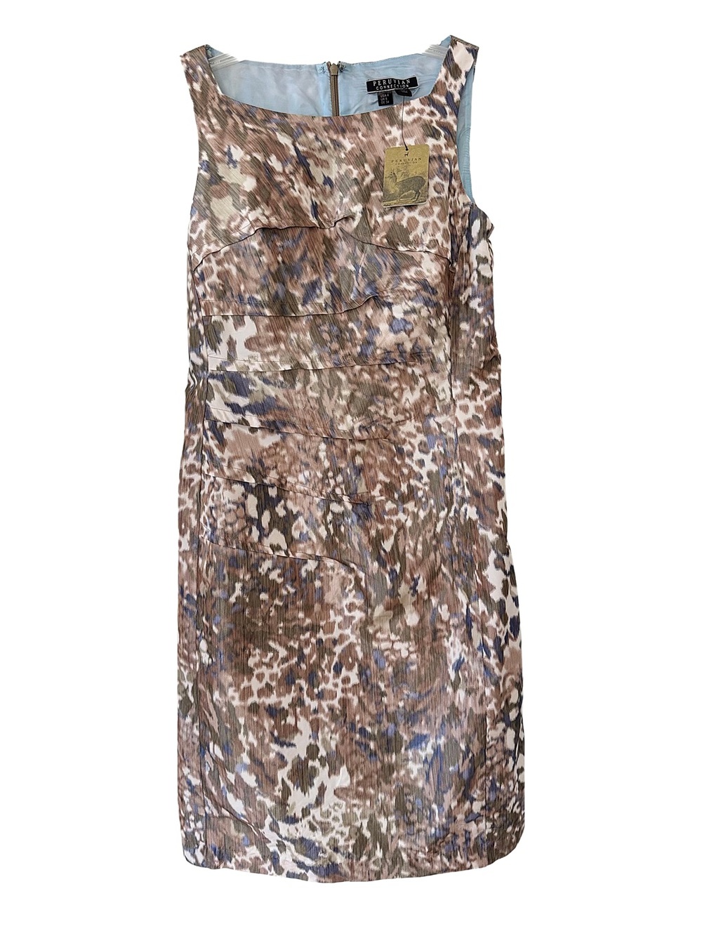 Peruvian Connection NWT Demoiselle Sheath Dress Pleated Abstract Camo Print Sz 4